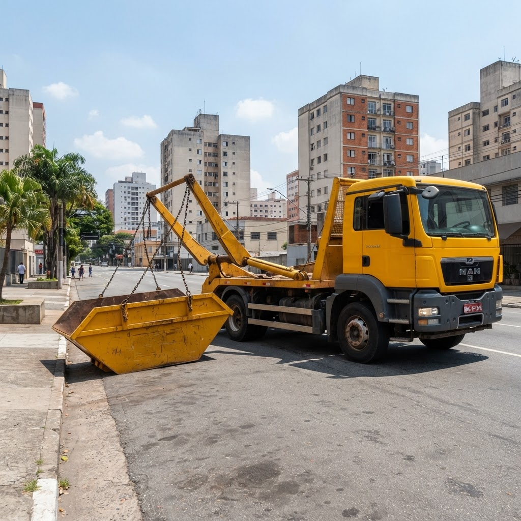 Caminhão entregando caçamba para aluguel de entulho em São Paulo e Grande SP